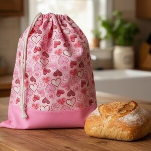 Valentine Pink & Red Heart Cotton Bread Bag, Reusable Sourdough Storage